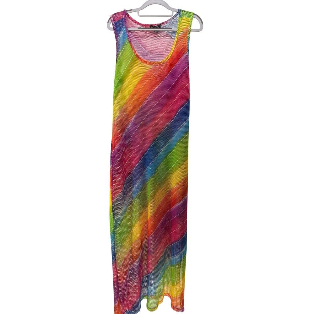 Rouge Collection Mesh Maxi Dress Women 2X Rainbow Striped Fishnet Pride Festival
